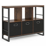 6 Cube Industrial Short Bookshelf with 3 Bins & Metal Frame and Open Shelves for Indoor-Rustic Brown