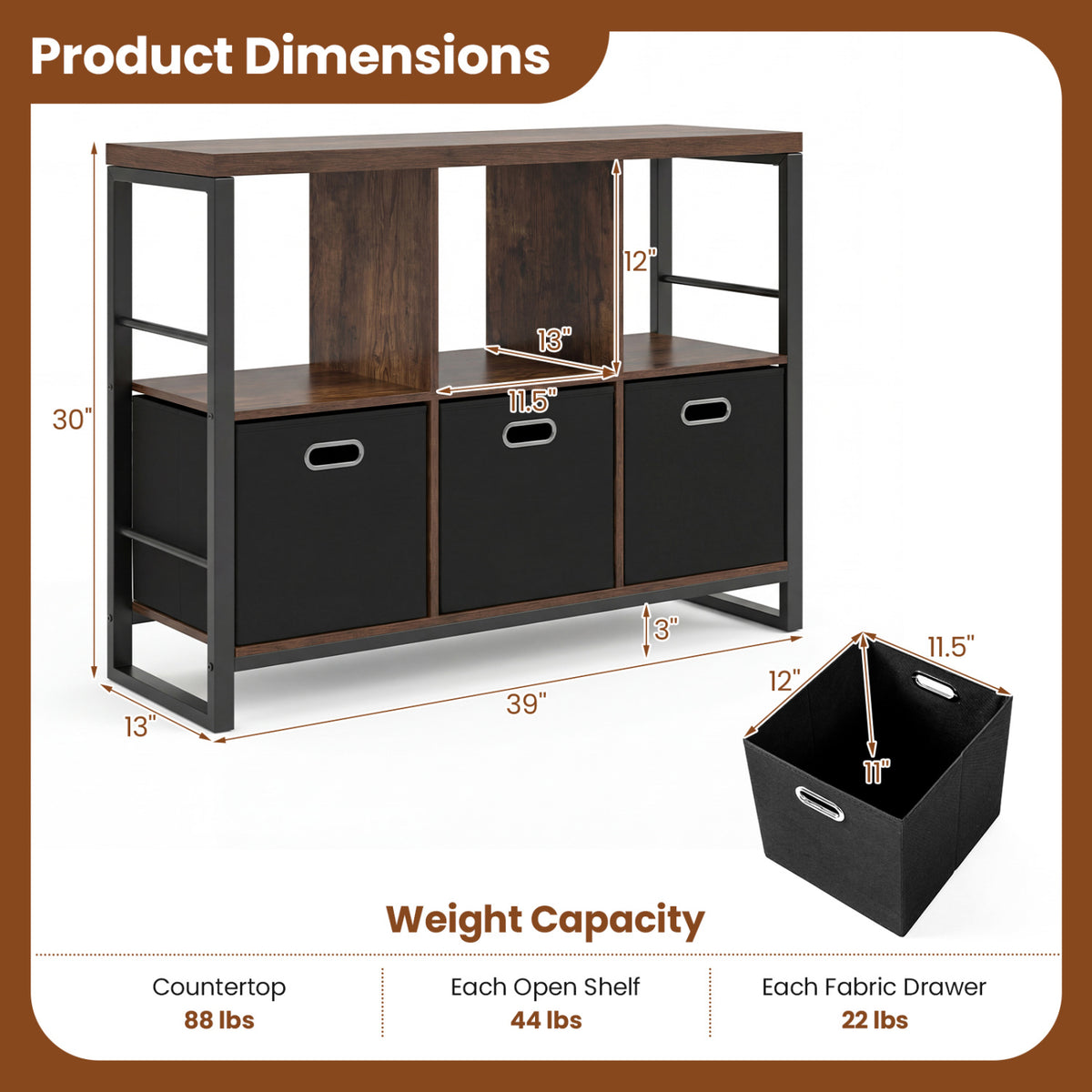 6 Cube Industrial Short Bookshelf with 3 Bins & Metal Frame and Open Shelves for Indoor-Rustic Brown