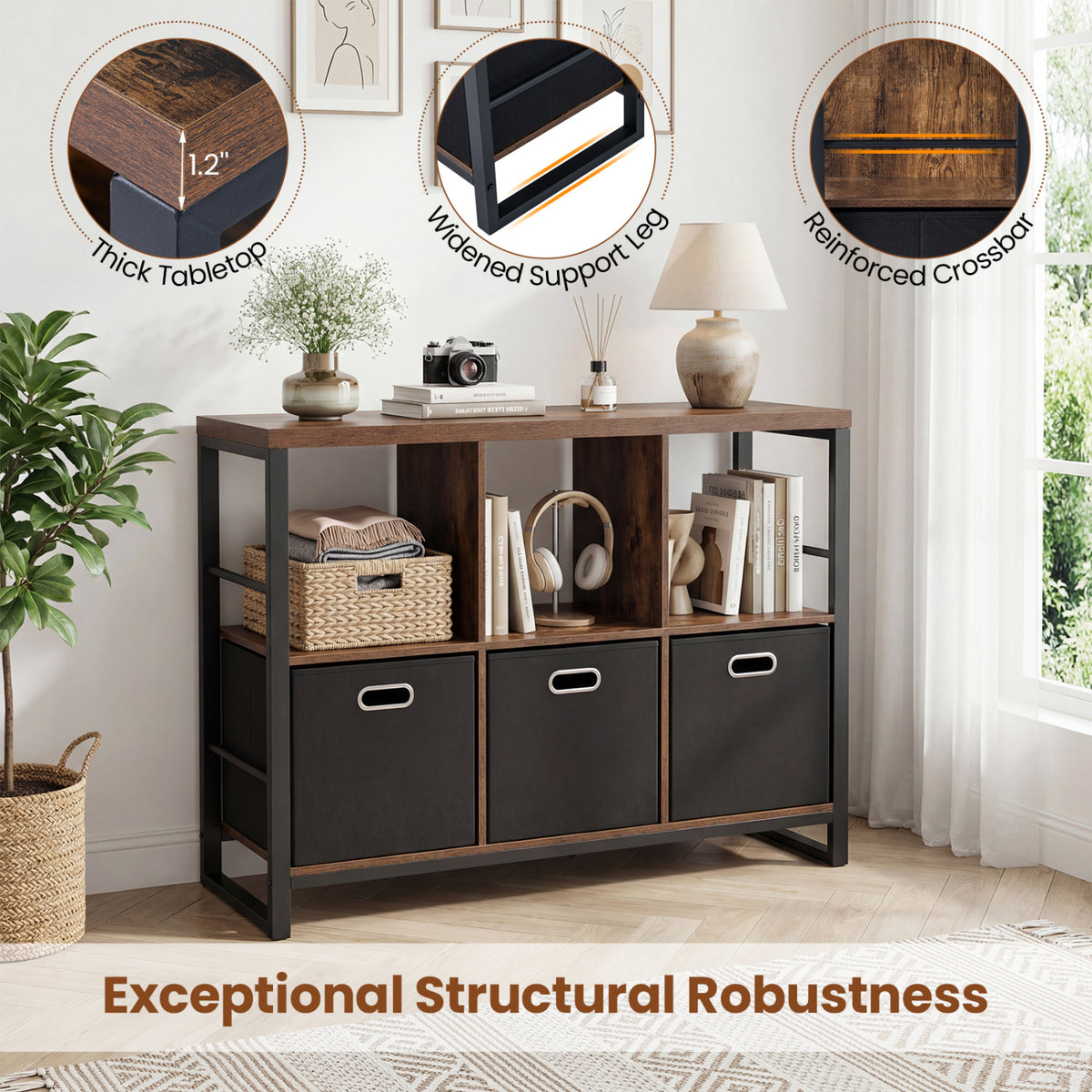 6 Cube Industrial Short Bookshelf with 3 Bins & Metal Frame and Open Shelves for Indoor-Rustic Brown