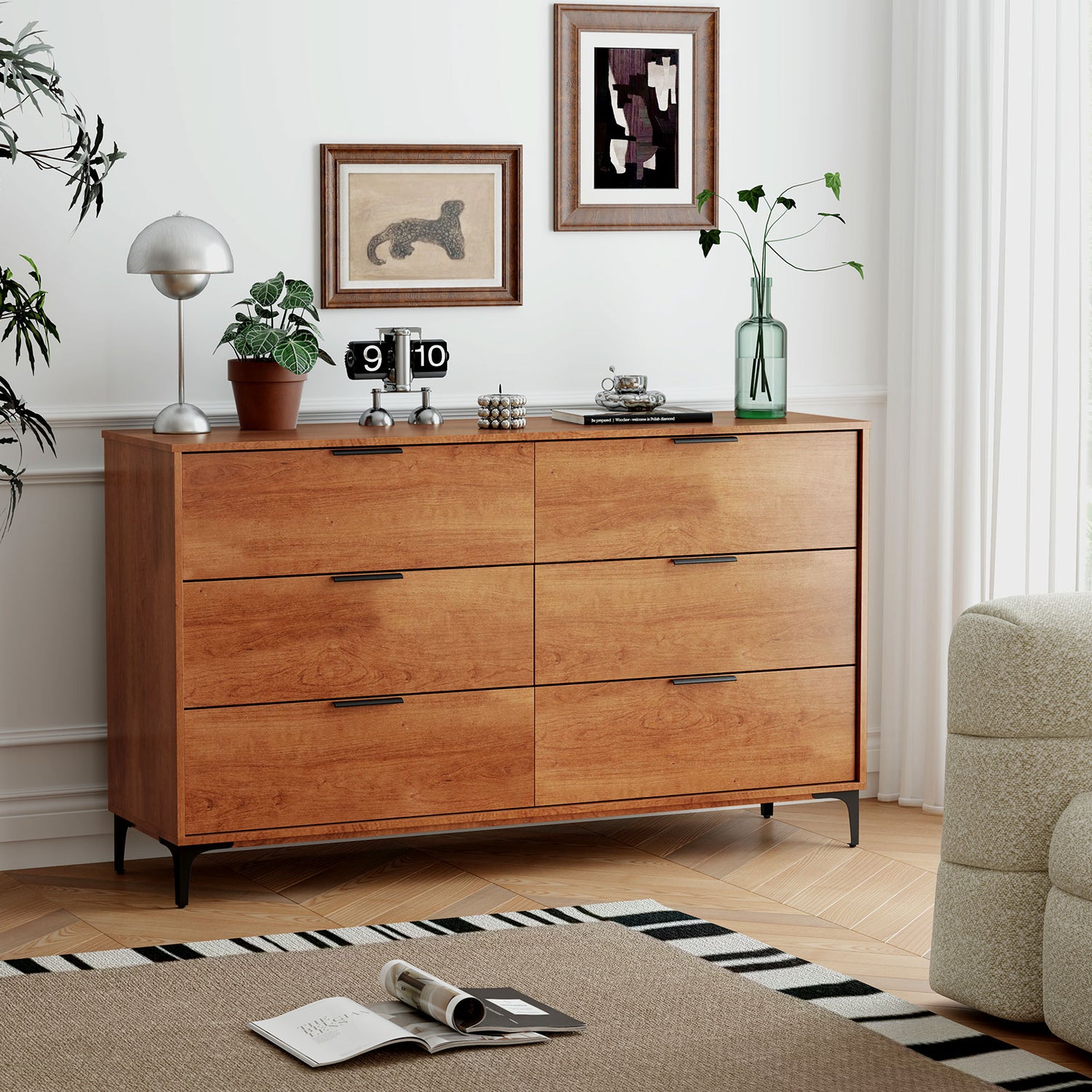 6-Drawer Dresser with Interlock System for Bedroom Living Room-Cherry