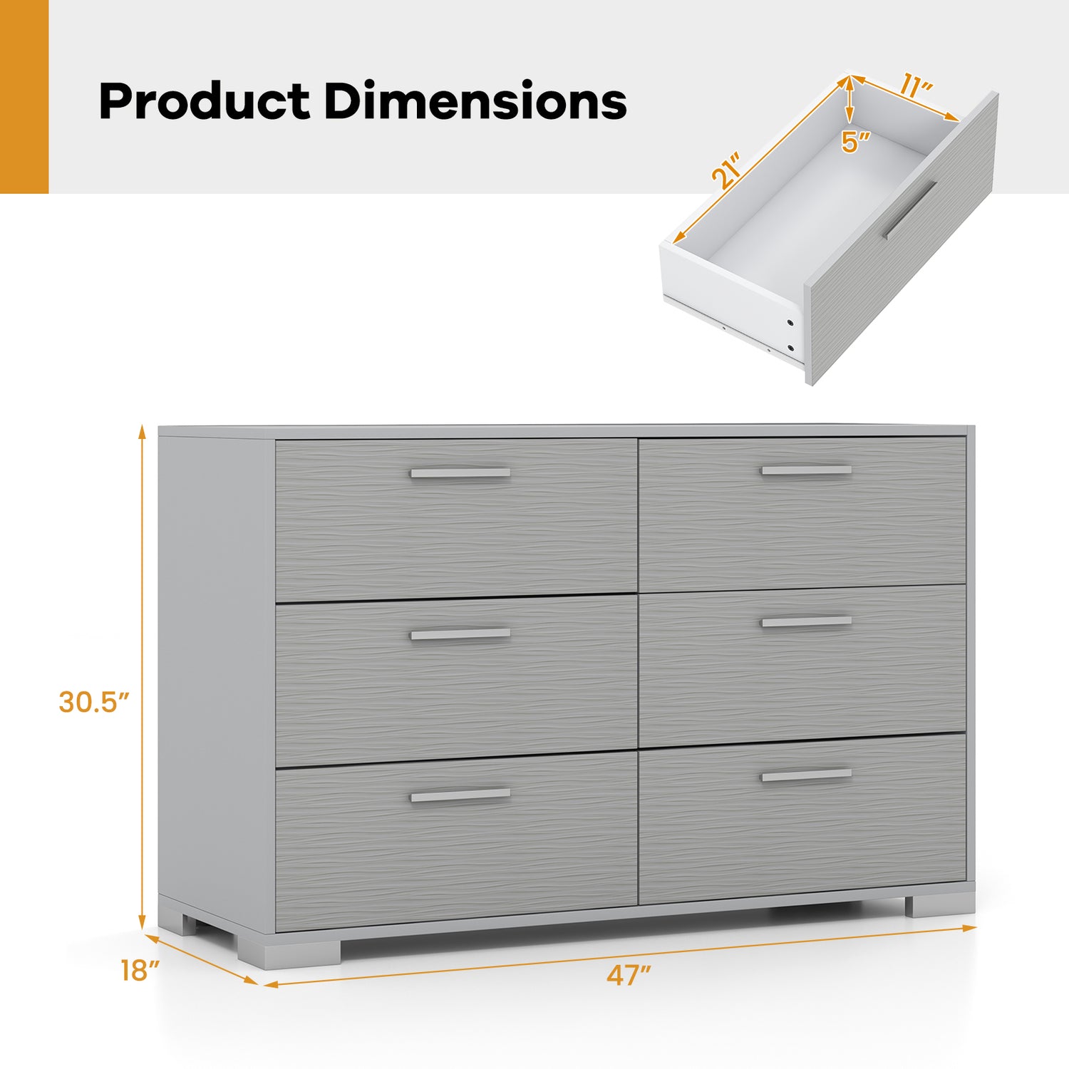 6 Drawer Storage Cabinet with Metal Legs Handles with Anti-Toppling Devices-Grey