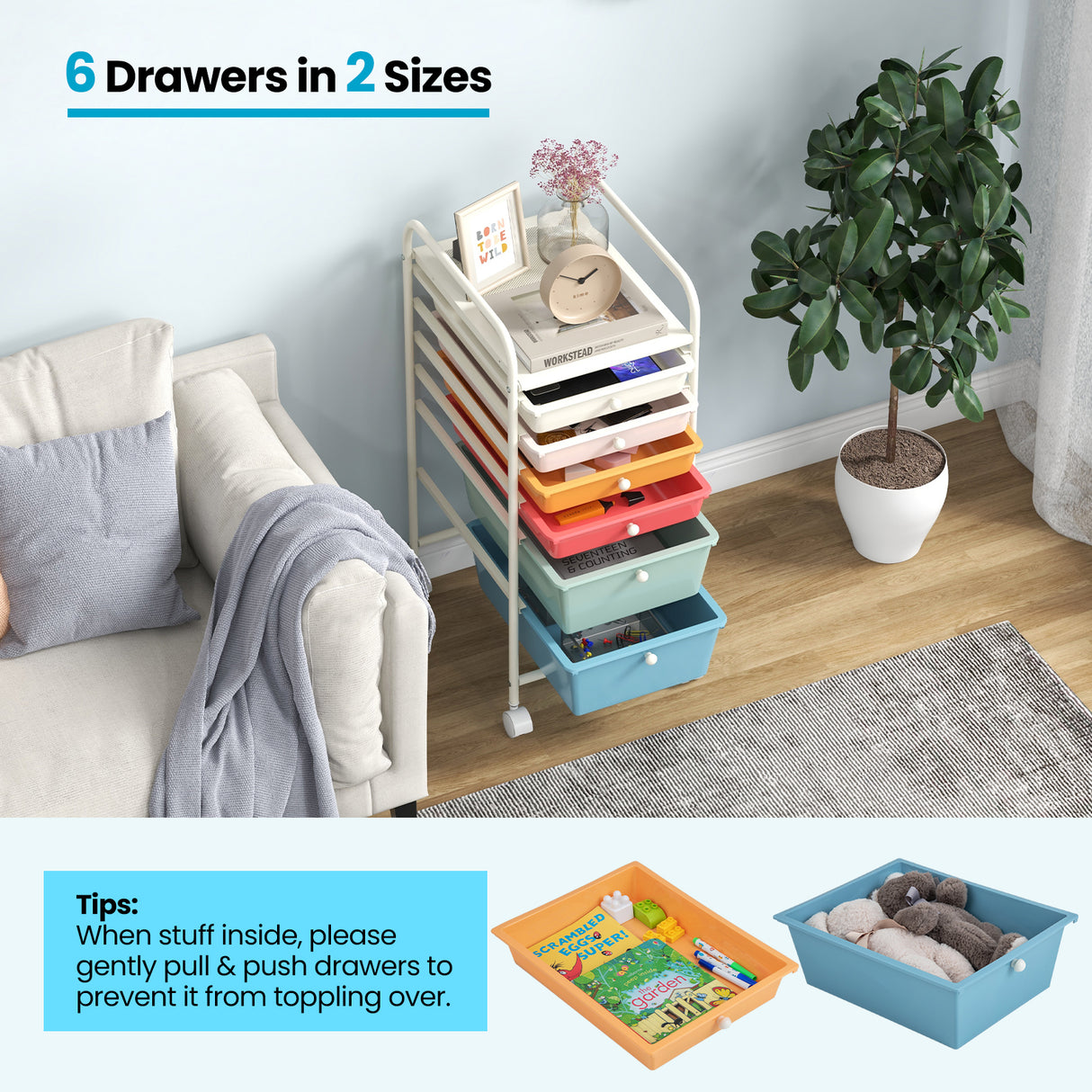 6 Drawers Rolling Storage Cart Organizer-Transparent