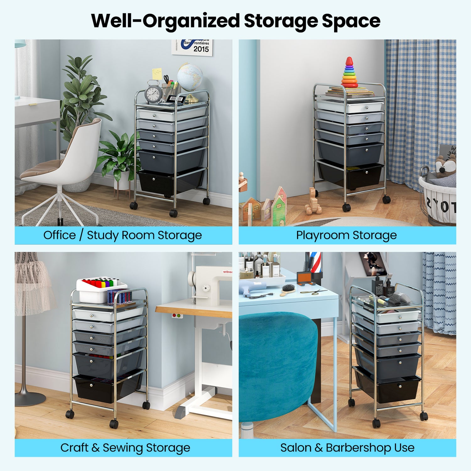 6 Drawers Rolling Storage Cart Organizer-Transparent