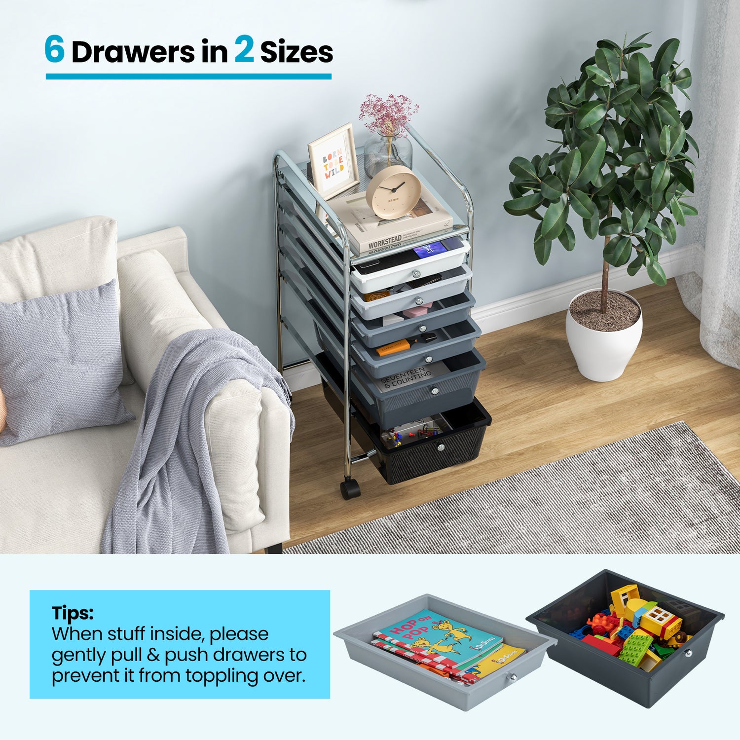 6 Drawers Rolling Storage Cart Organizer-Transparent