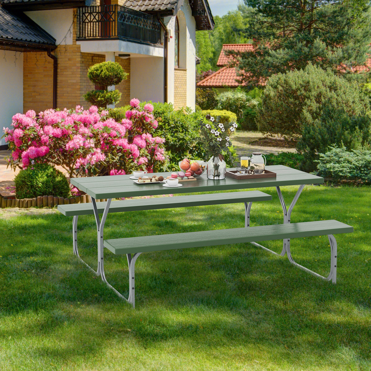 Picnic Table Bench Set Dining Table and 2 Benches with Metal Frame and HDPE Tabletop