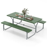 Picnic Table Bench Set Dining Table and 2 Benches with Metal Frame and HDPE Tabletop
