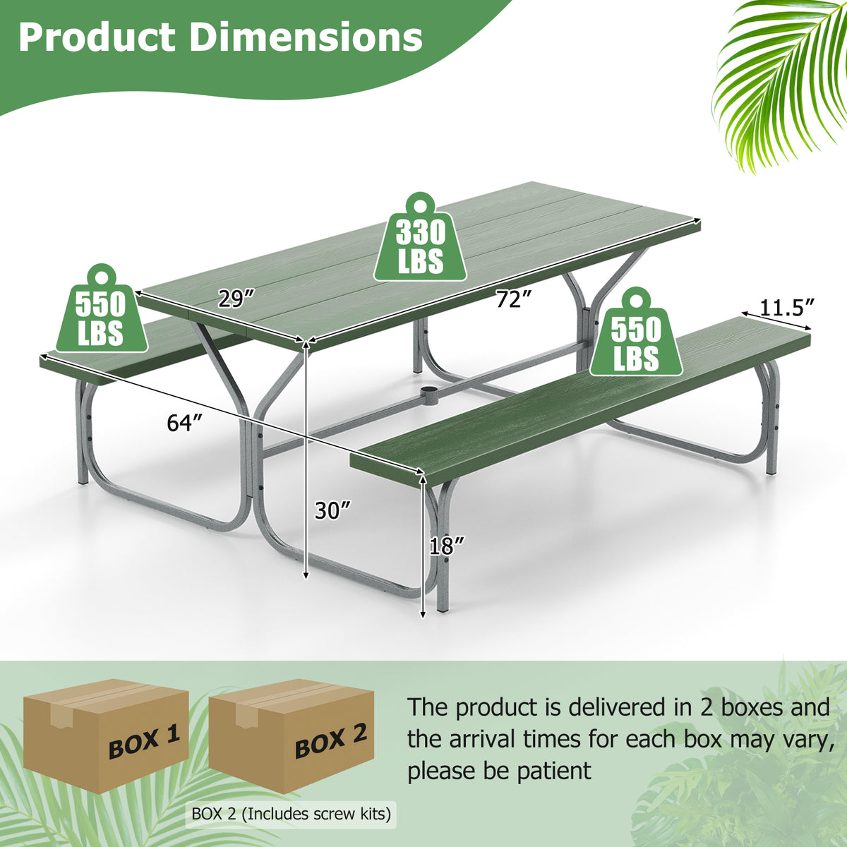 Picnic Table Bench Set Dining Table and 2 Benches with Metal Frame and HDPE Tabletop