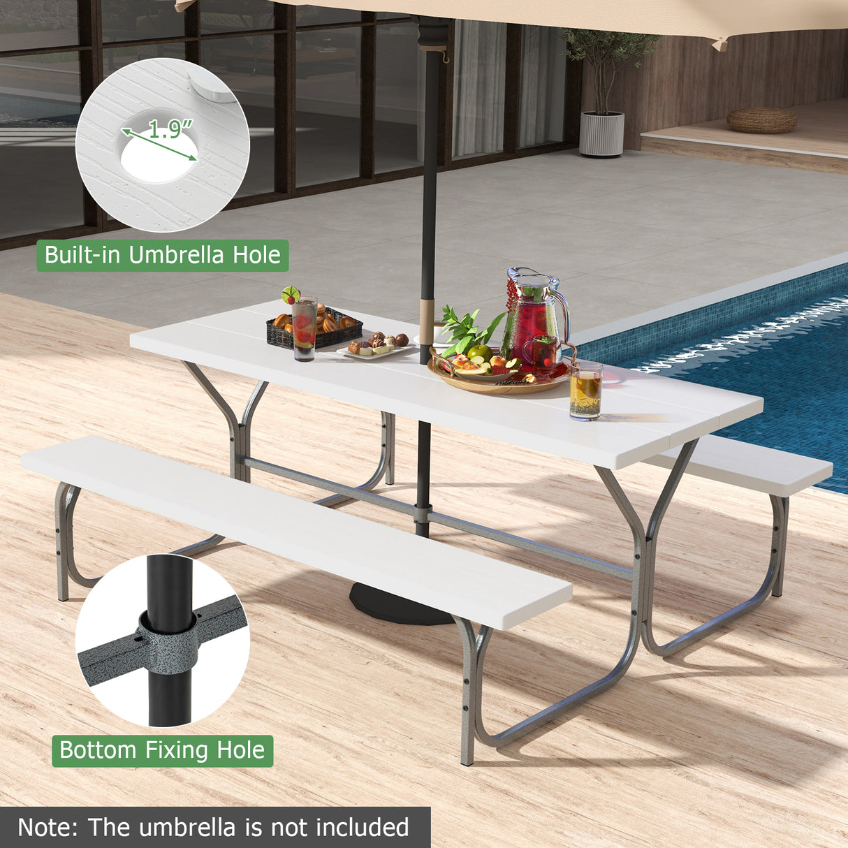 6 FT Picnic Table Bench Set Dining Table and 2 Benches with Metal Frame and HDPE Tabletop