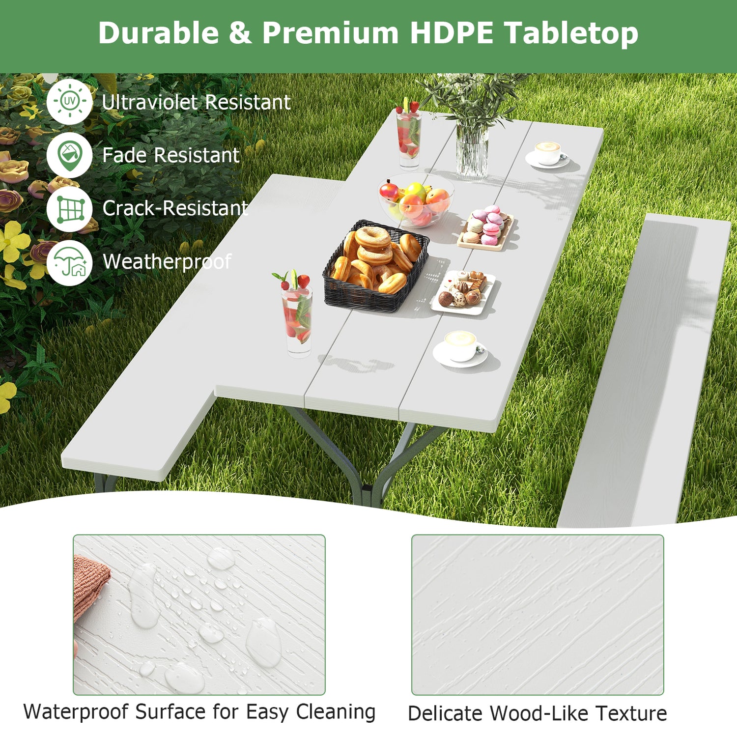 6 FT Picnic Table Bench Set Dining Table and 2 Benches with Metal Frame and HDPE Tabletop