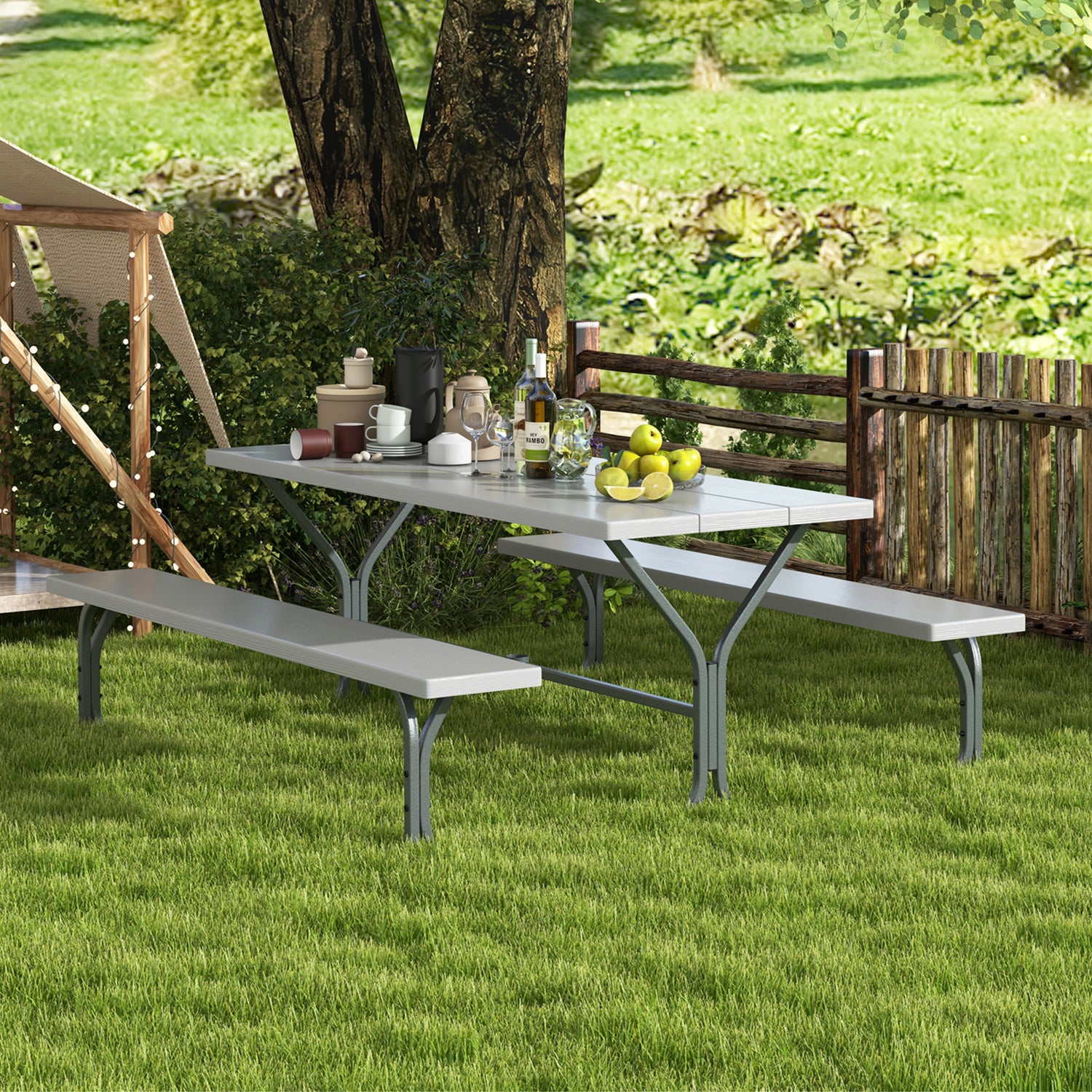 6 FT Picnic Table Bench Set Dining Table and 2 Benches with Metal Frame and HDPE Tabletop