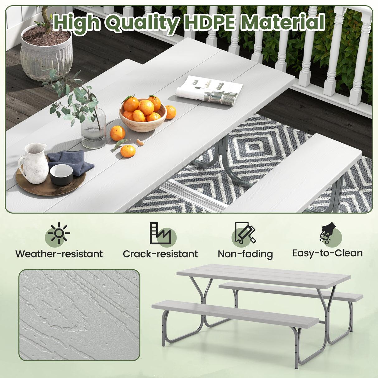 6 FT Picnic Table Bench Set Dining Table and 2 Benches with Metal Frame and HDPE Tabletop