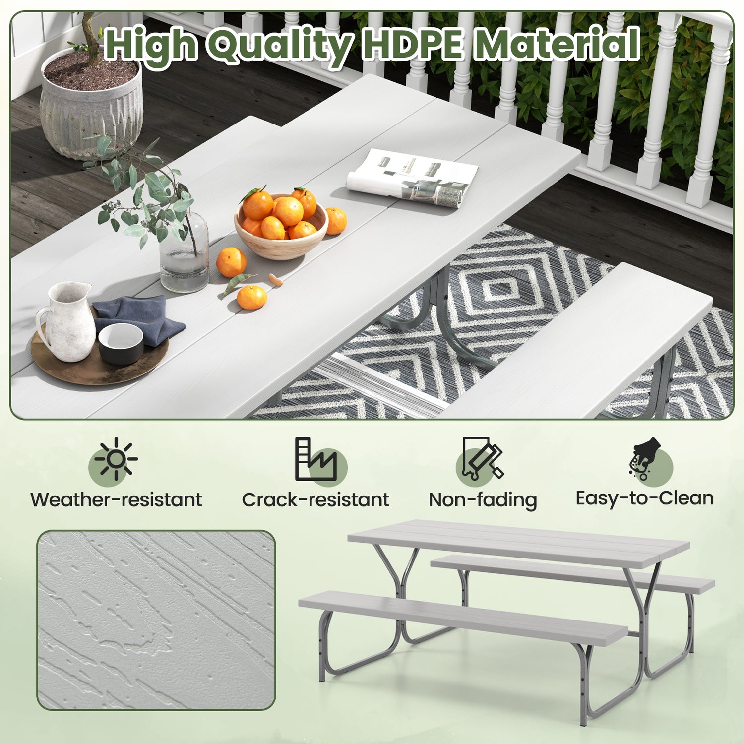 6 FT Picnic Table Bench Set Dining Table and 2 Benches with Metal Frame and HDPE Tabletop