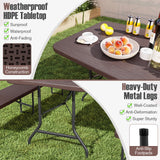 6 Feet Folding Table with Wood Grain HDPE Tabletop and Safe Lock Mechanism