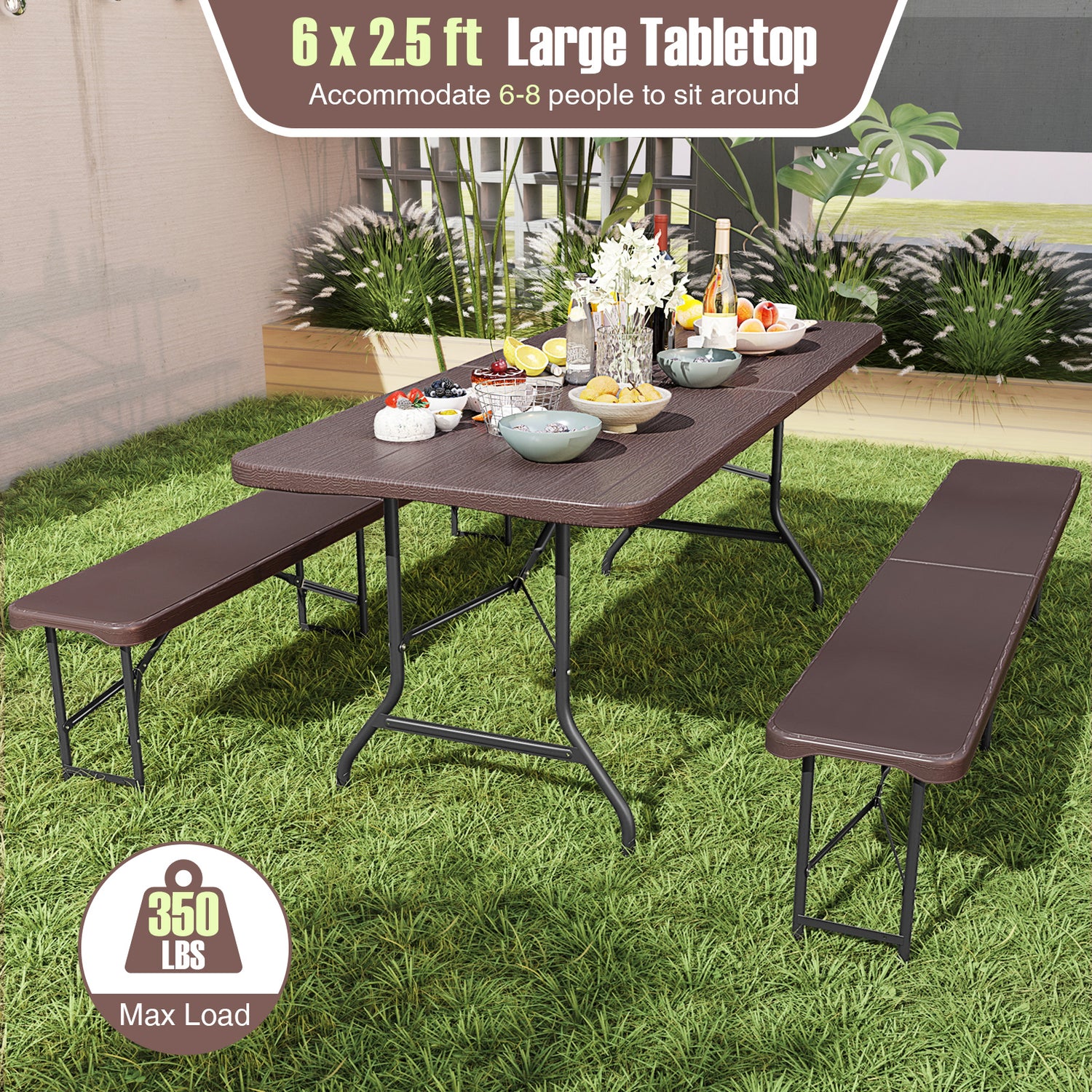 6 Feet Folding Table with Wood Grain HDPE Tabletop and Safe Lock Mechanism