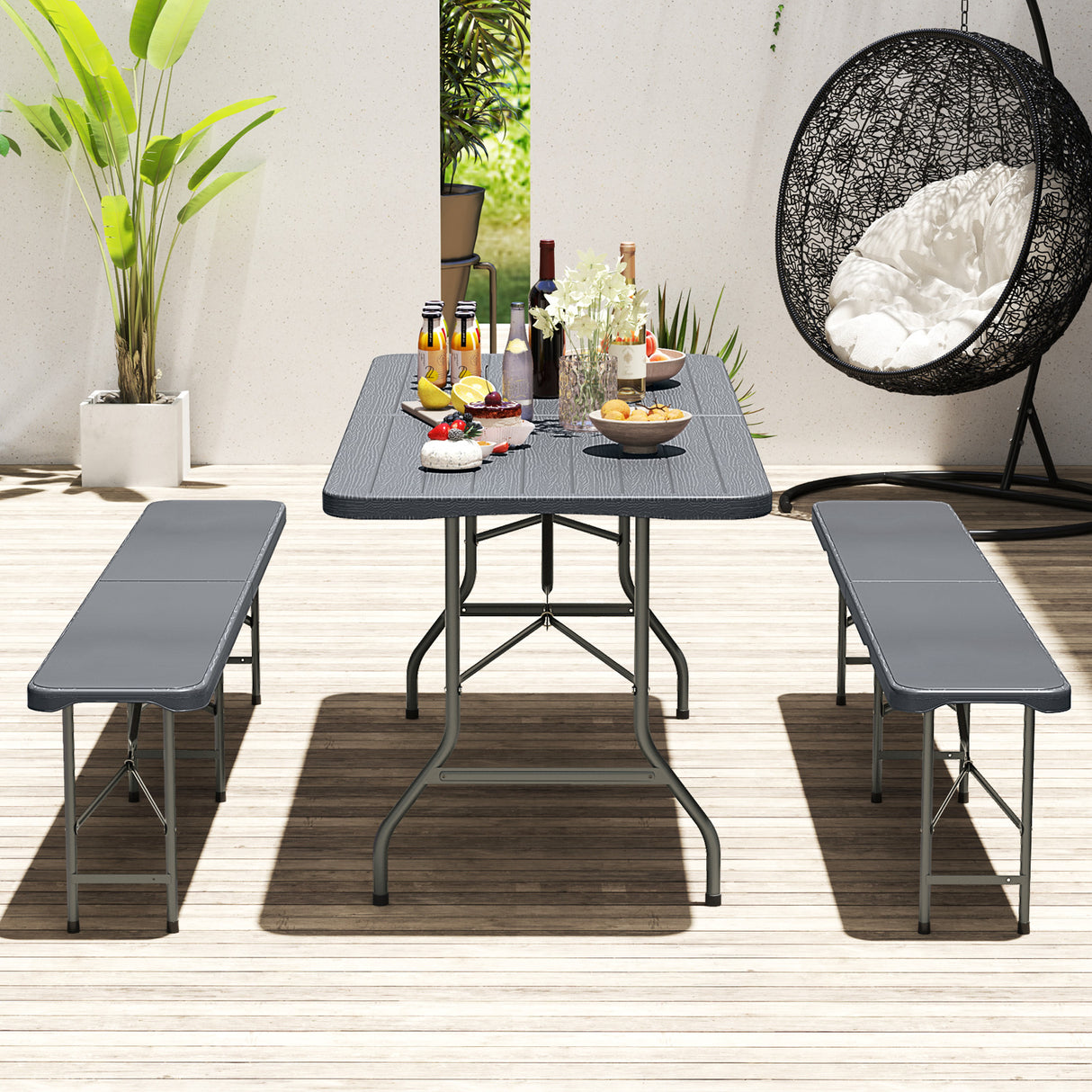 6 Feet Folding Table with Wood Grain HDPE Tabletop and Safe Lock Mechanism