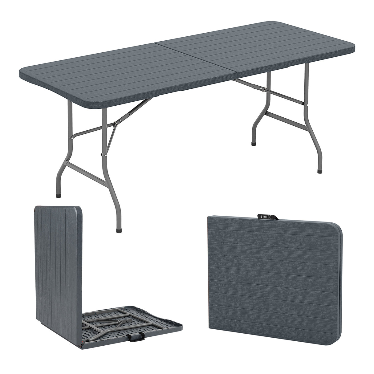 6 Feet Folding Table with Wood Grain HDPE Tabletop and Safe Lock Mechanism