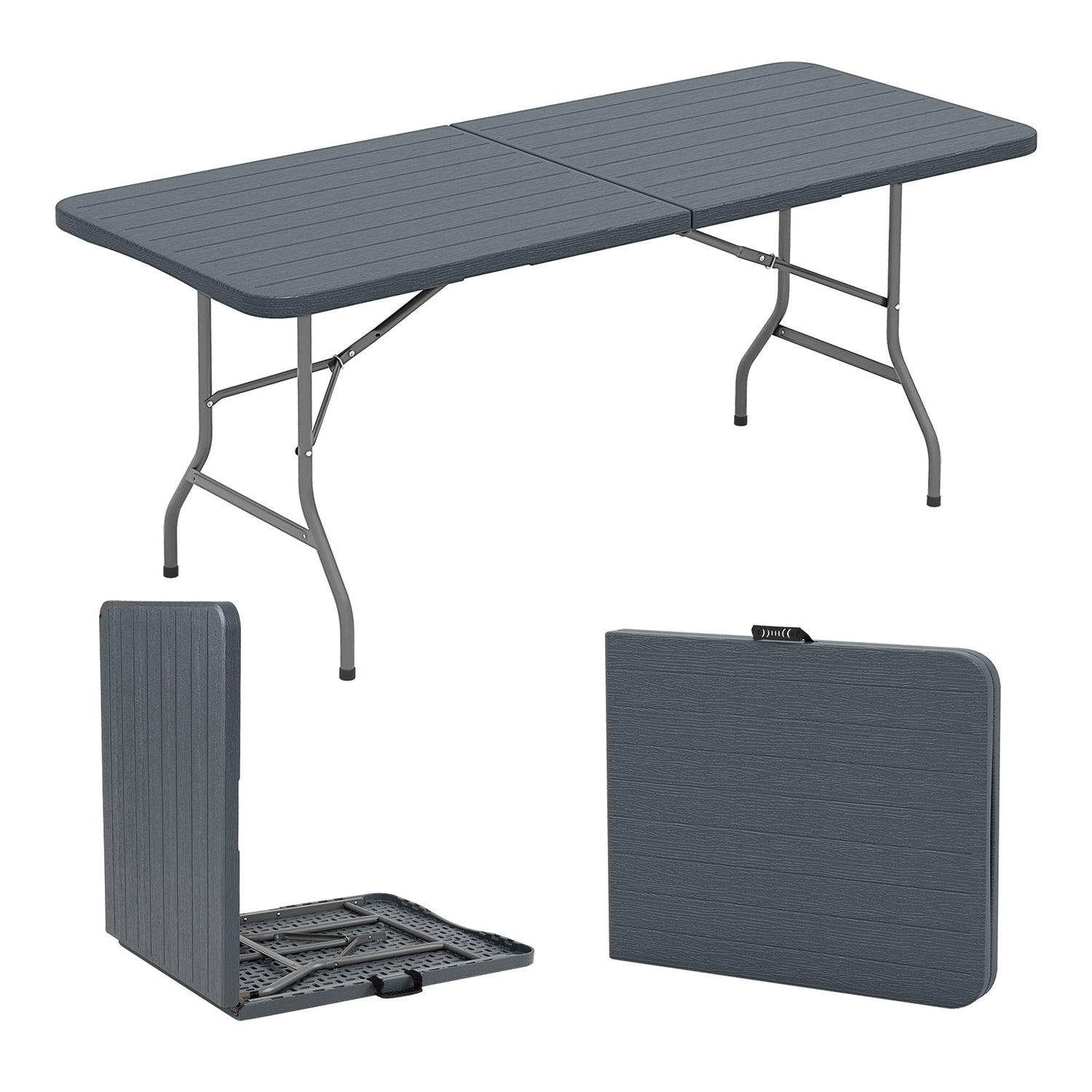 6 Feet Folding Table with Wood Grain HDPE Tabletop and Safe Lock Mechanism