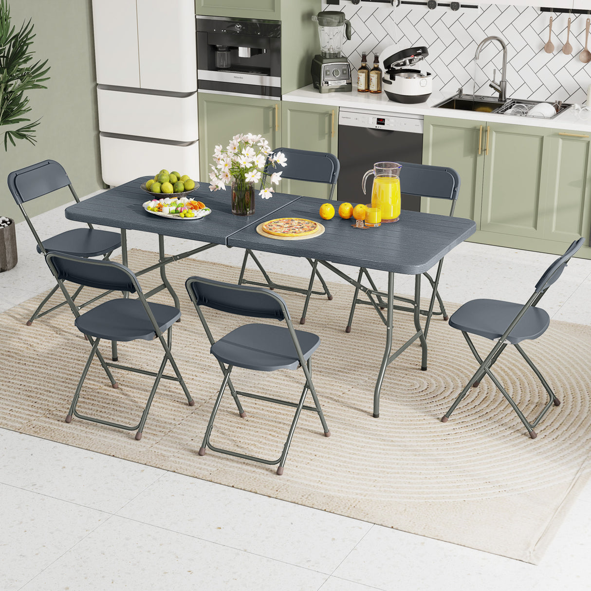 6 Feet Folding Table with Wood Grain HDPE Tabletop and Safe Lock Mechanism