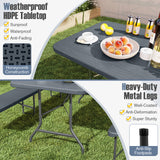 6 Feet Folding Table with Wood Grain HDPE Tabletop and Safe Lock Mechanism