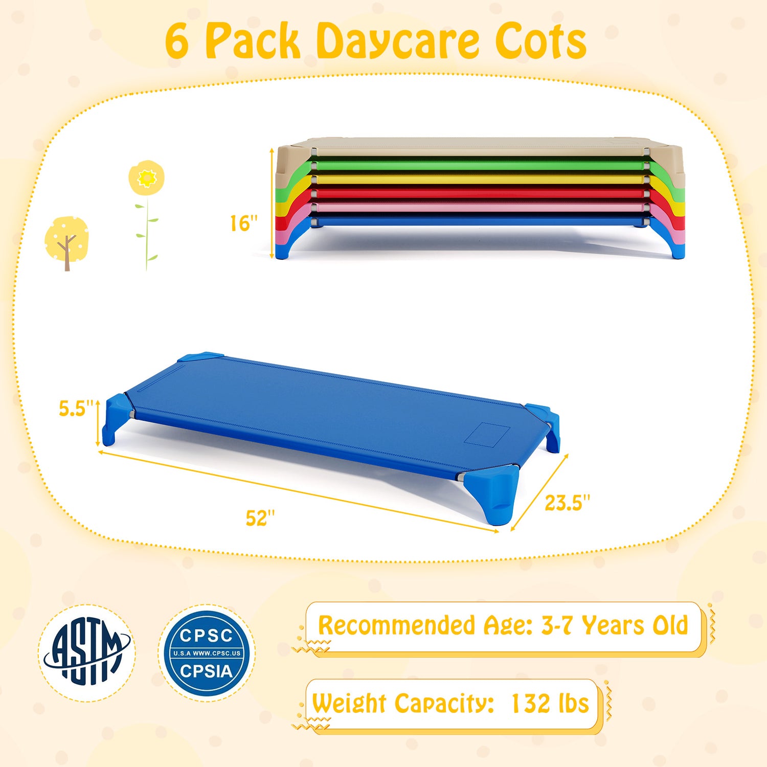 Portable 6 Pack Stackable Daycare Cots Sleeping Bed for Kids 52 Inch