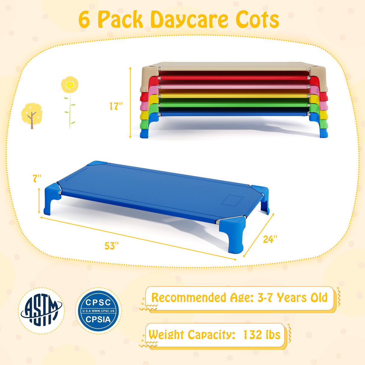 Portable 6 Pack Stackable Daycare Cots Sleeping Bed for Kids 53 Inch