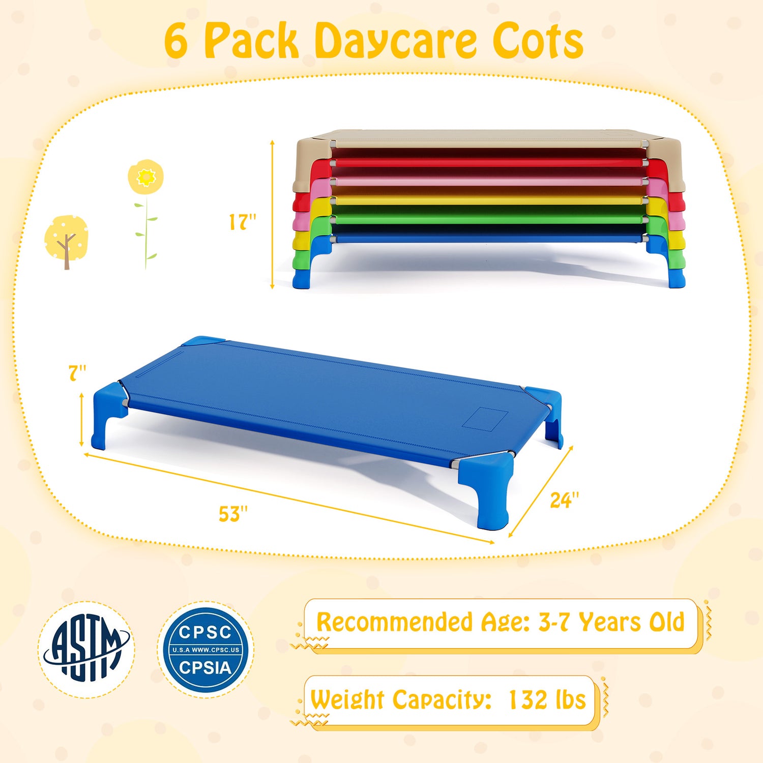 Portable 6 Pack Stackable Daycare Cots Sleeping Bed for Kids 53 Inch