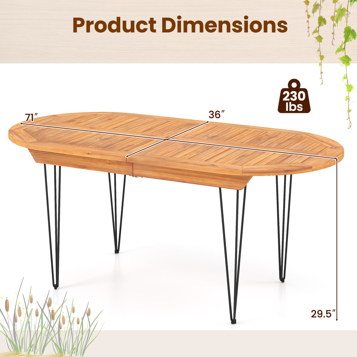 6 Person 71 Inch Patio Dining Table with Teak Wood Tabletop
