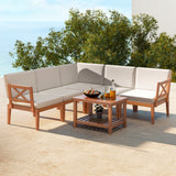 6 Pieces Acacia Wood Patio Furniture Set with Cushions and 2-Tier Coffee Table-White