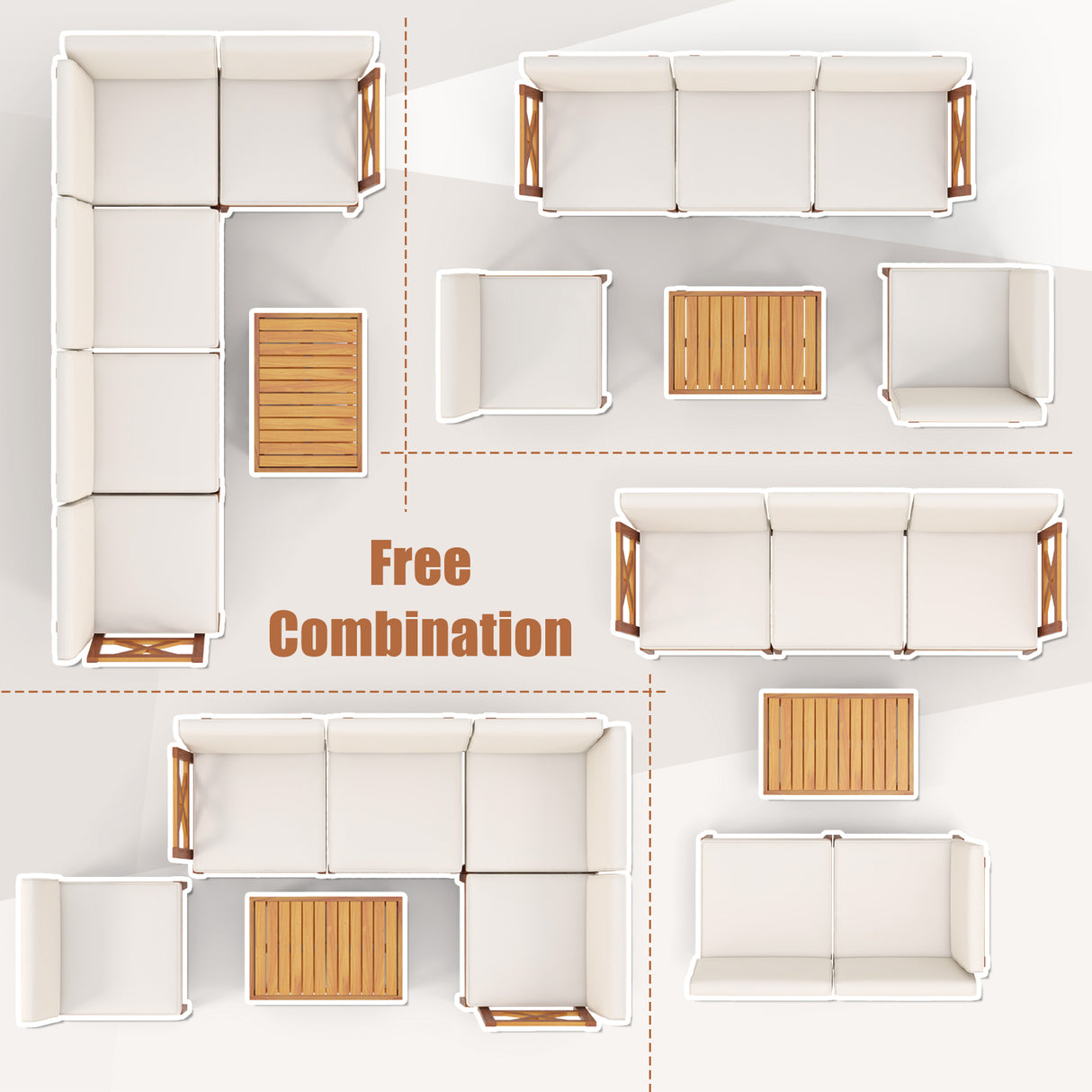 6 Pieces Acacia Wood Patio Furniture Set with Cushions and 2-Tier Coffee Table-White