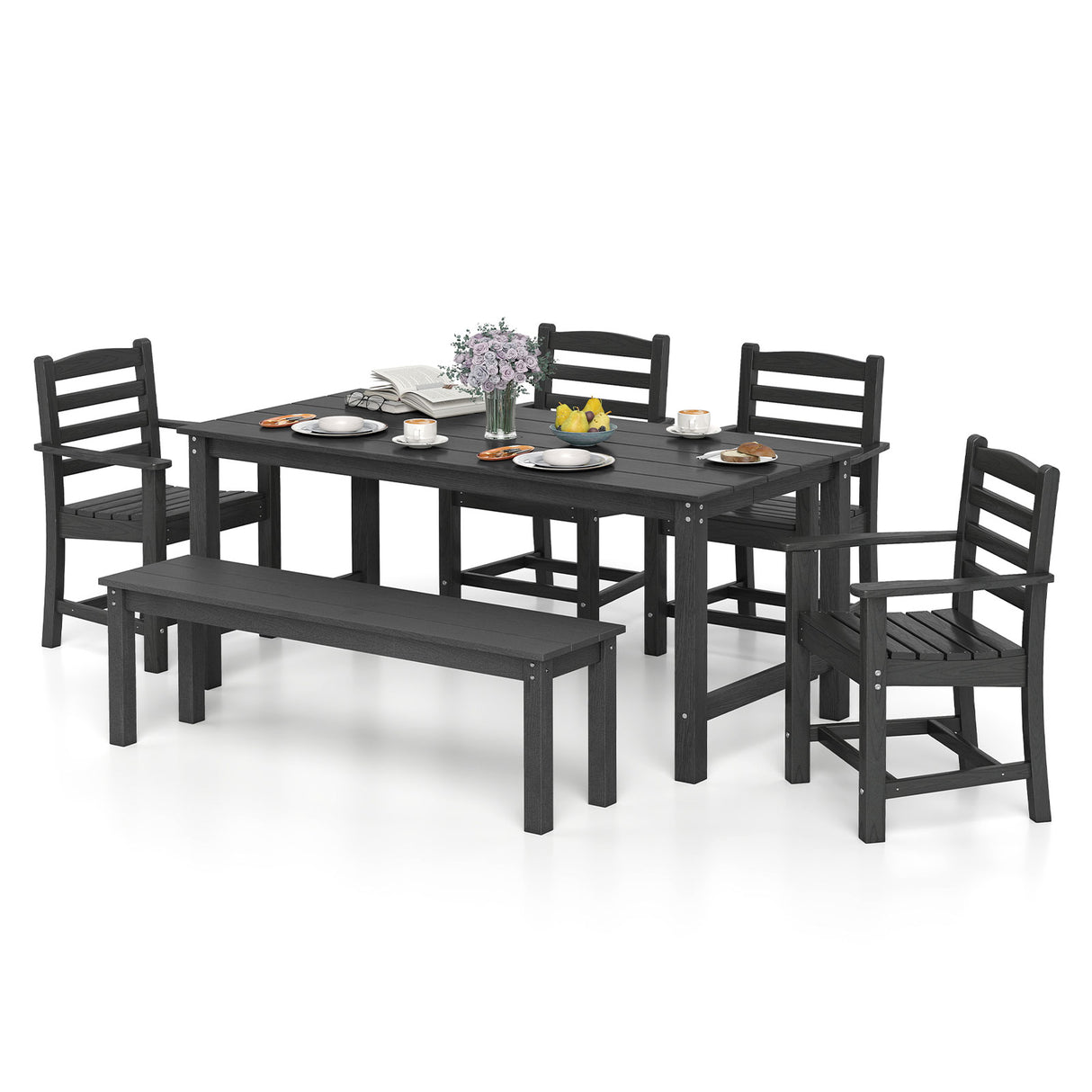 6 Pieces Patio Dining Bench Set Outdoor HDPE Weather Resistant Table and Chairs Set