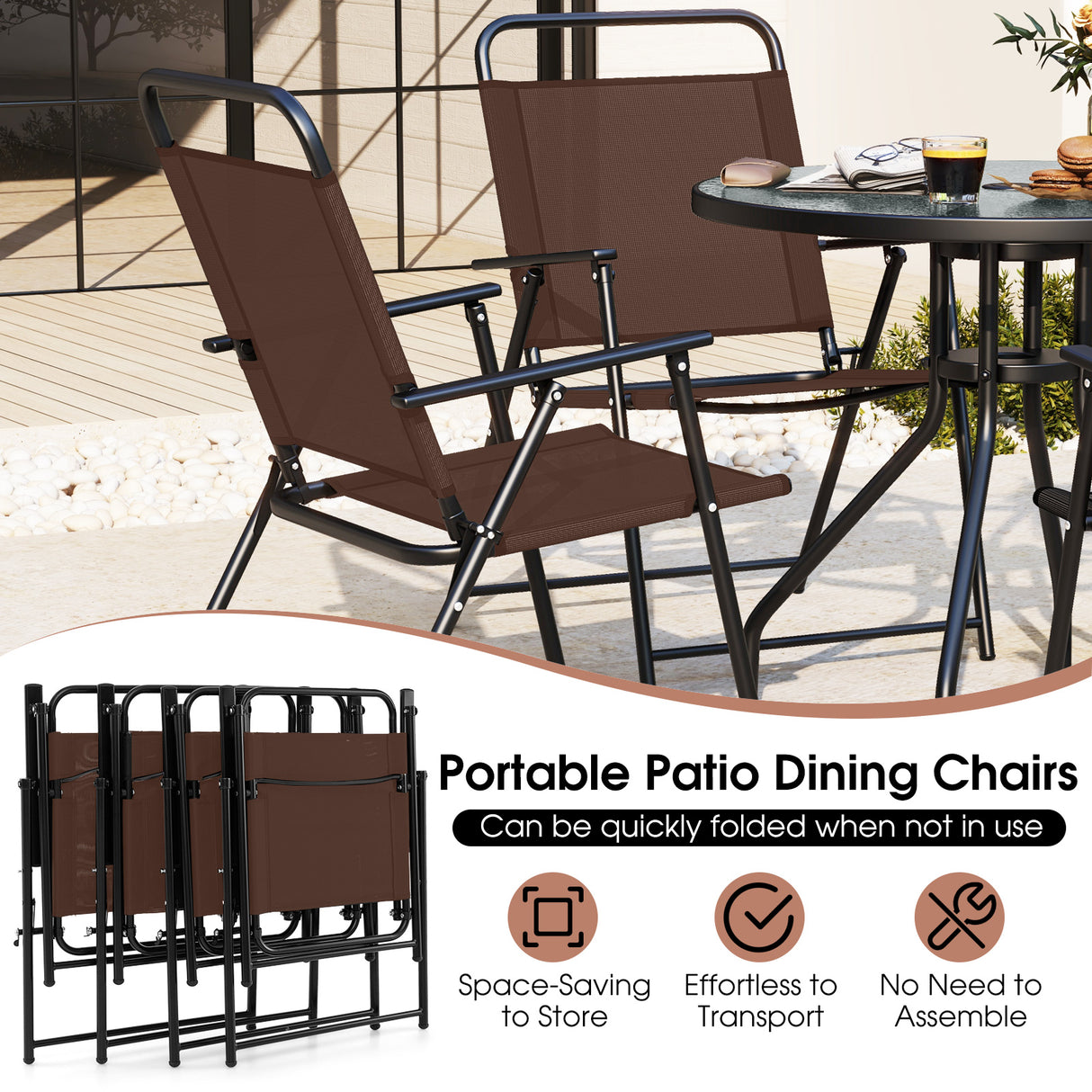 6 Pieces Patio Dining Set Folding Chairs Glass Table Tilt Umbrella for Garden