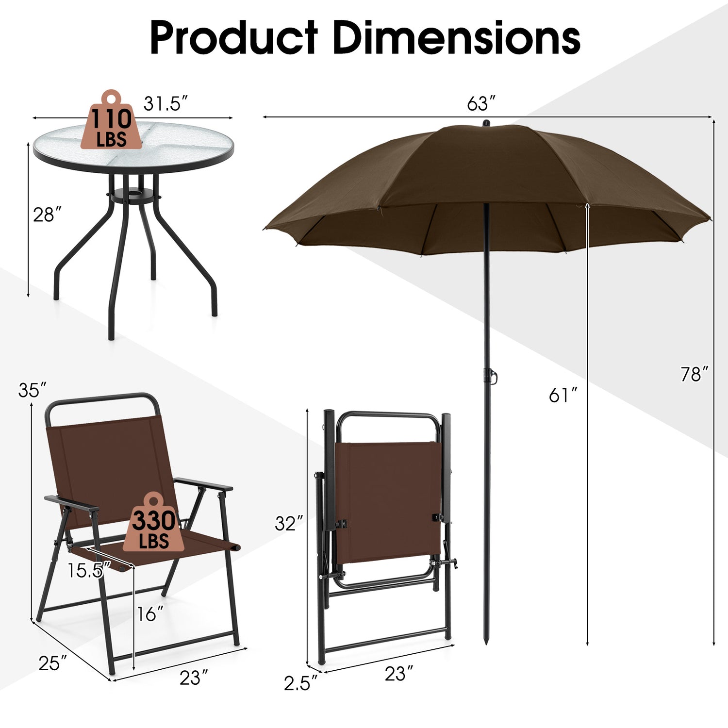 6 Pieces Patio Dining Set Folding Chairs Glass Table Tilt Umbrella for Garden