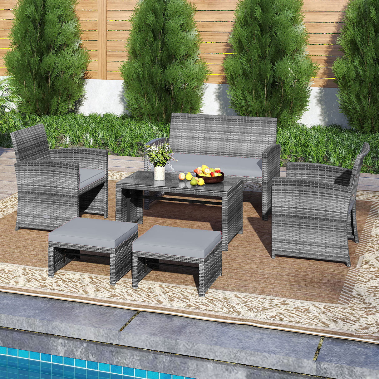 6 Pieces Patio Furniture Set Outdoor Sectional Conversation PE Rattan Sofa Set
