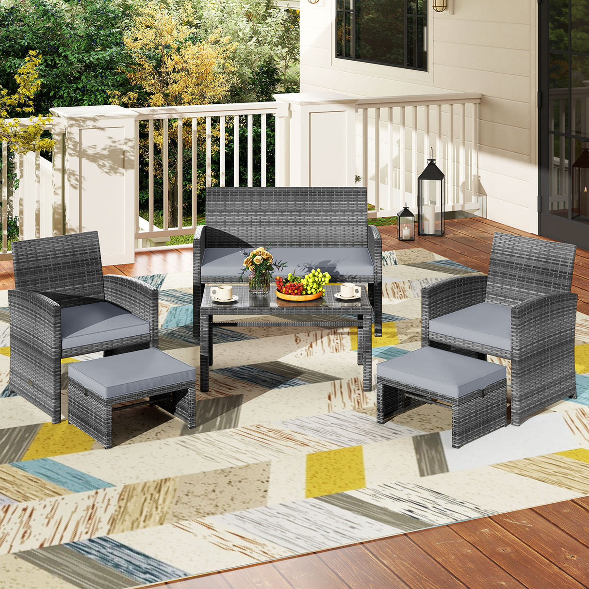 6 Pieces Patio Furniture Set Outdoor Sectional Conversation PE Rattan Sofa Set