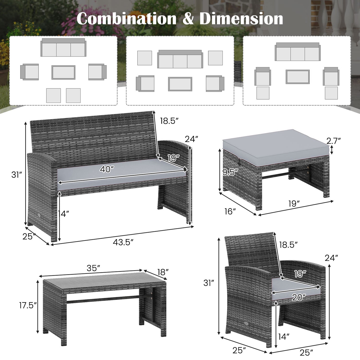 6 Pieces Patio Furniture Set Outdoor Sectional Conversation PE Rattan Sofa Set