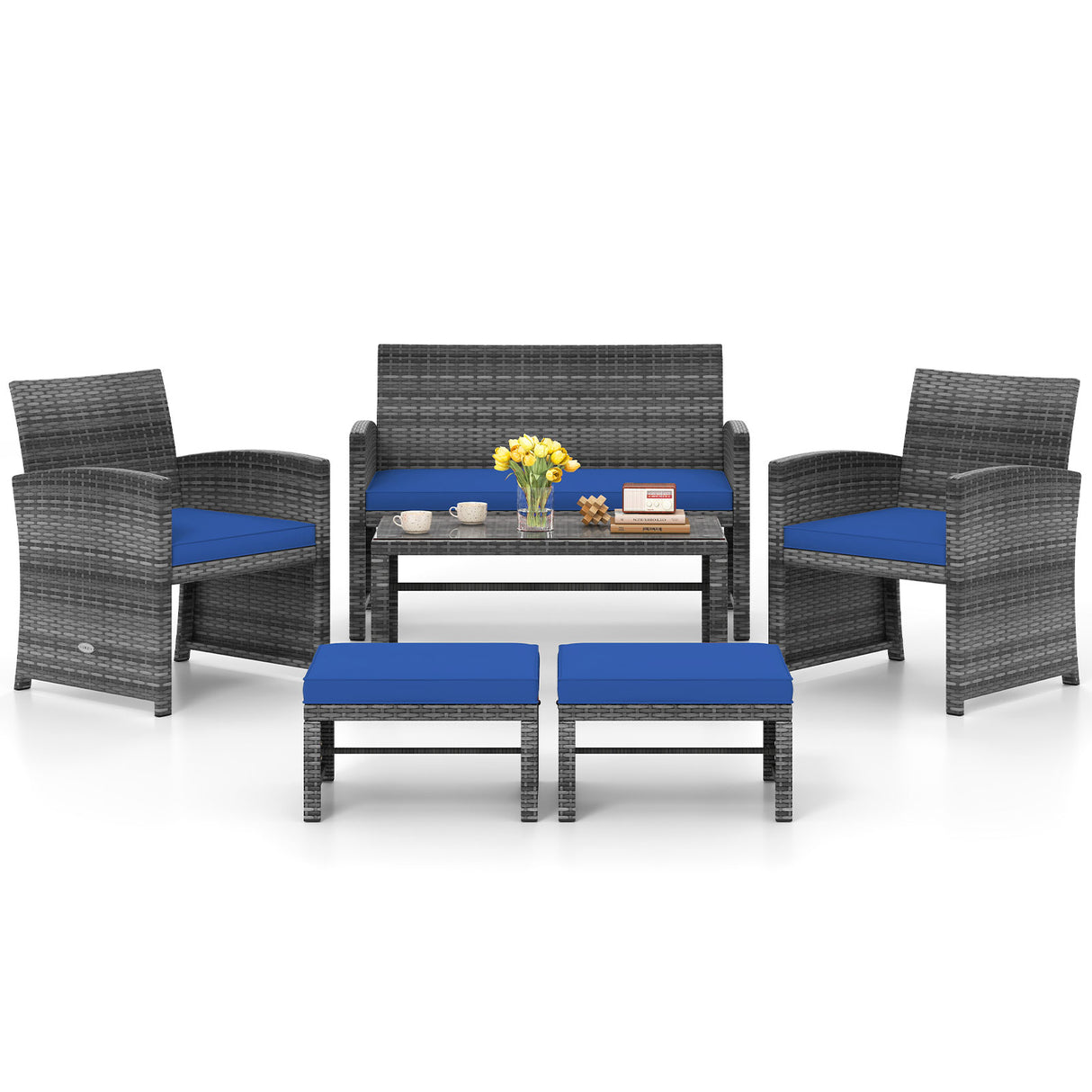6 Pieces Patio Furniture Set Outdoor Sectional Conversation PE Rattan Sofa Set
