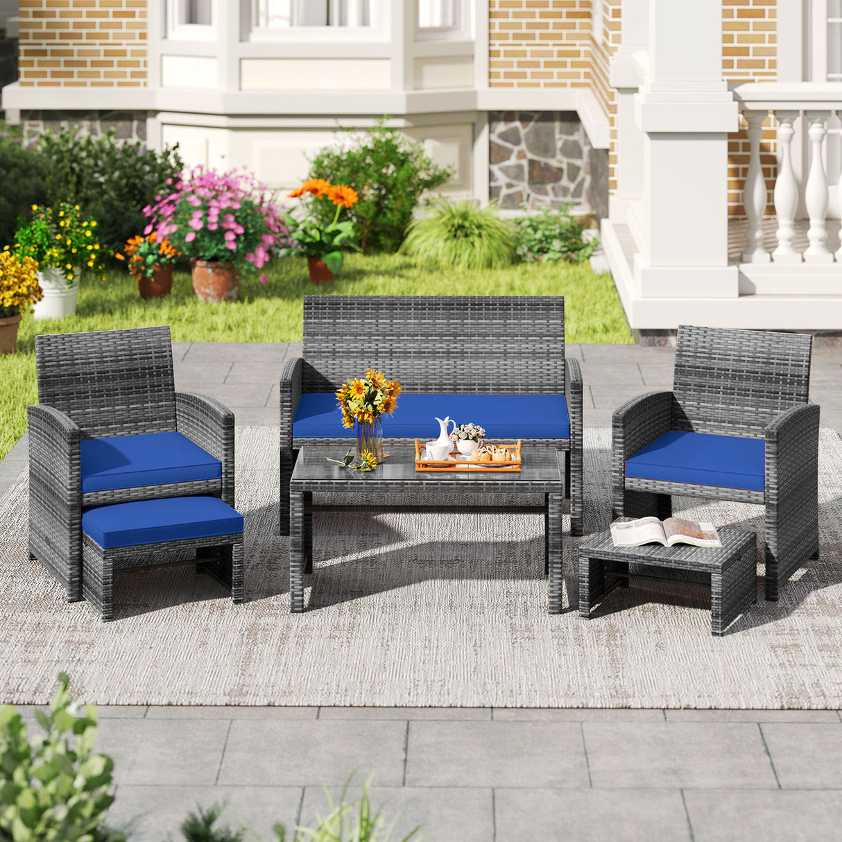 6 Pieces Patio Furniture Set Outdoor Sectional Conversation PE Rattan Sofa Set