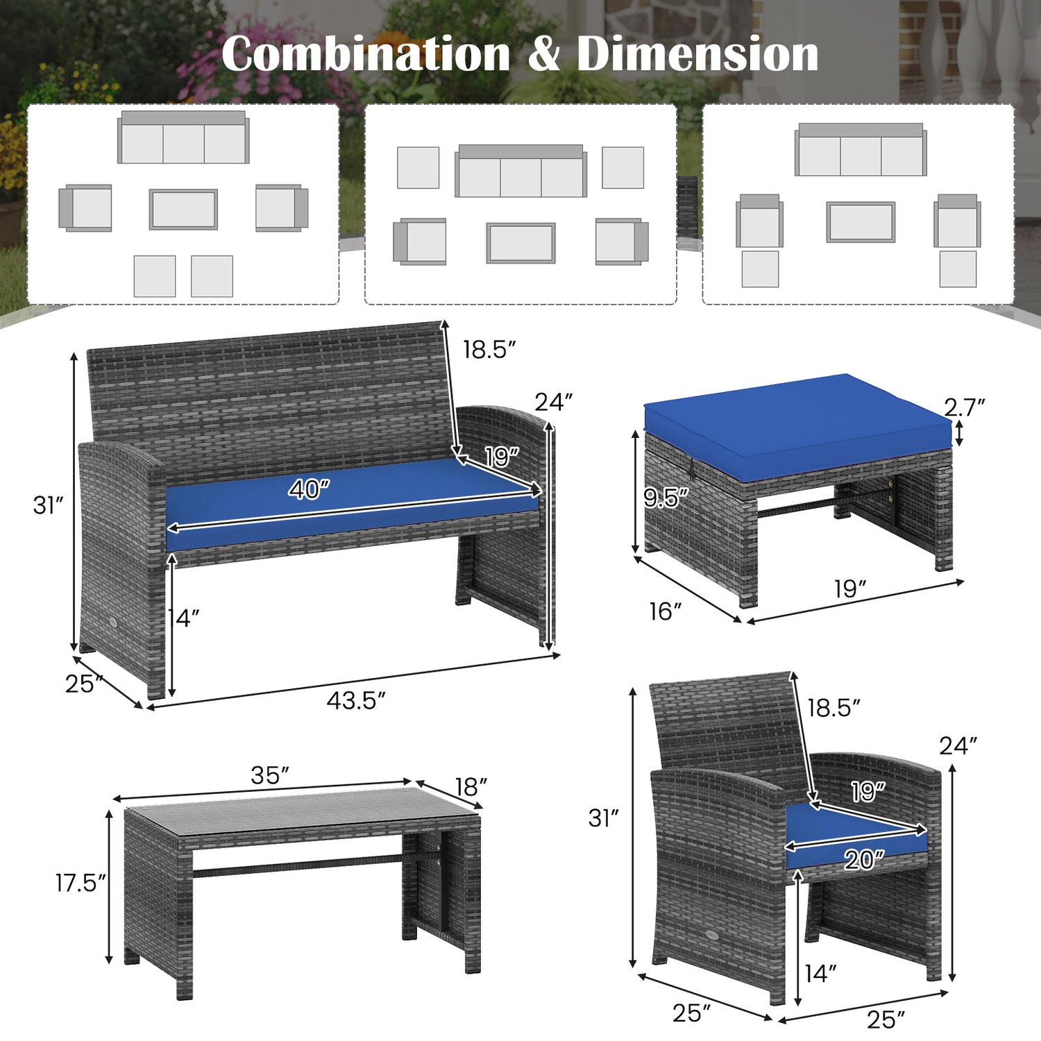 6 Pieces Patio Furniture Set Outdoor Sectional Conversation PE Rattan Sofa Set