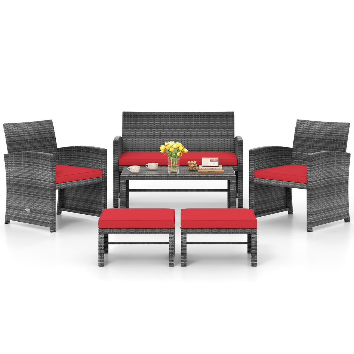 6 Pieces Patio Furniture Set Outdoor Sectional Conversation PE Rattan Sofa Set