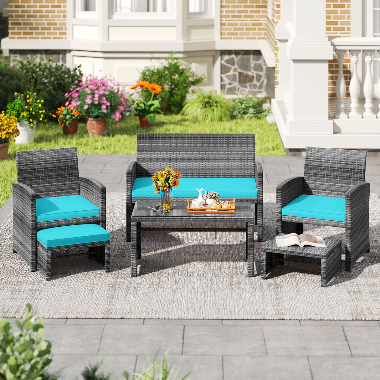 6 Pieces Patio Furniture Set Outdoor Sectional Conversation PE Rattan Sofa Set