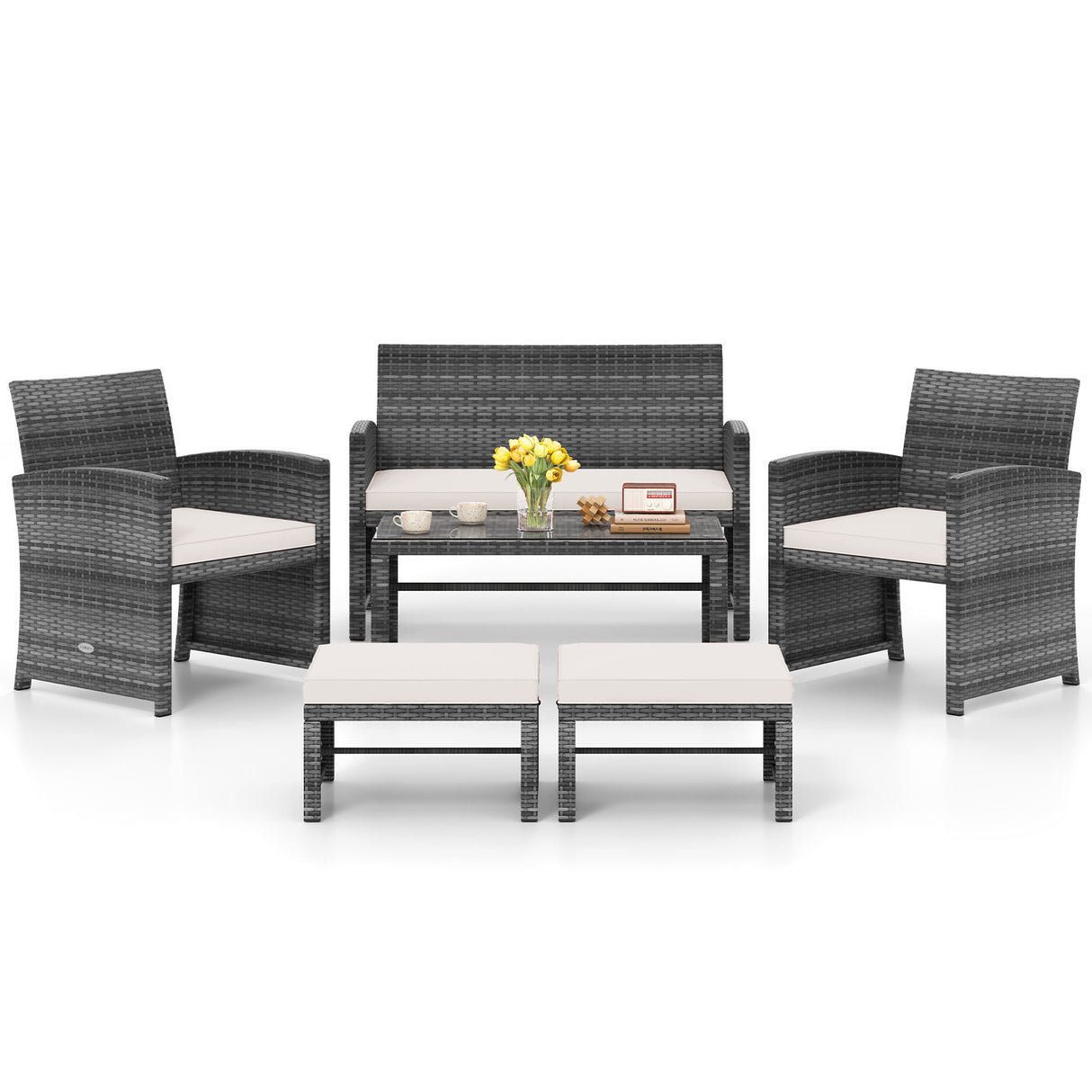 6 Pieces Patio Furniture Set Outdoor Sectional Conversation PE Rattan Sofa Set