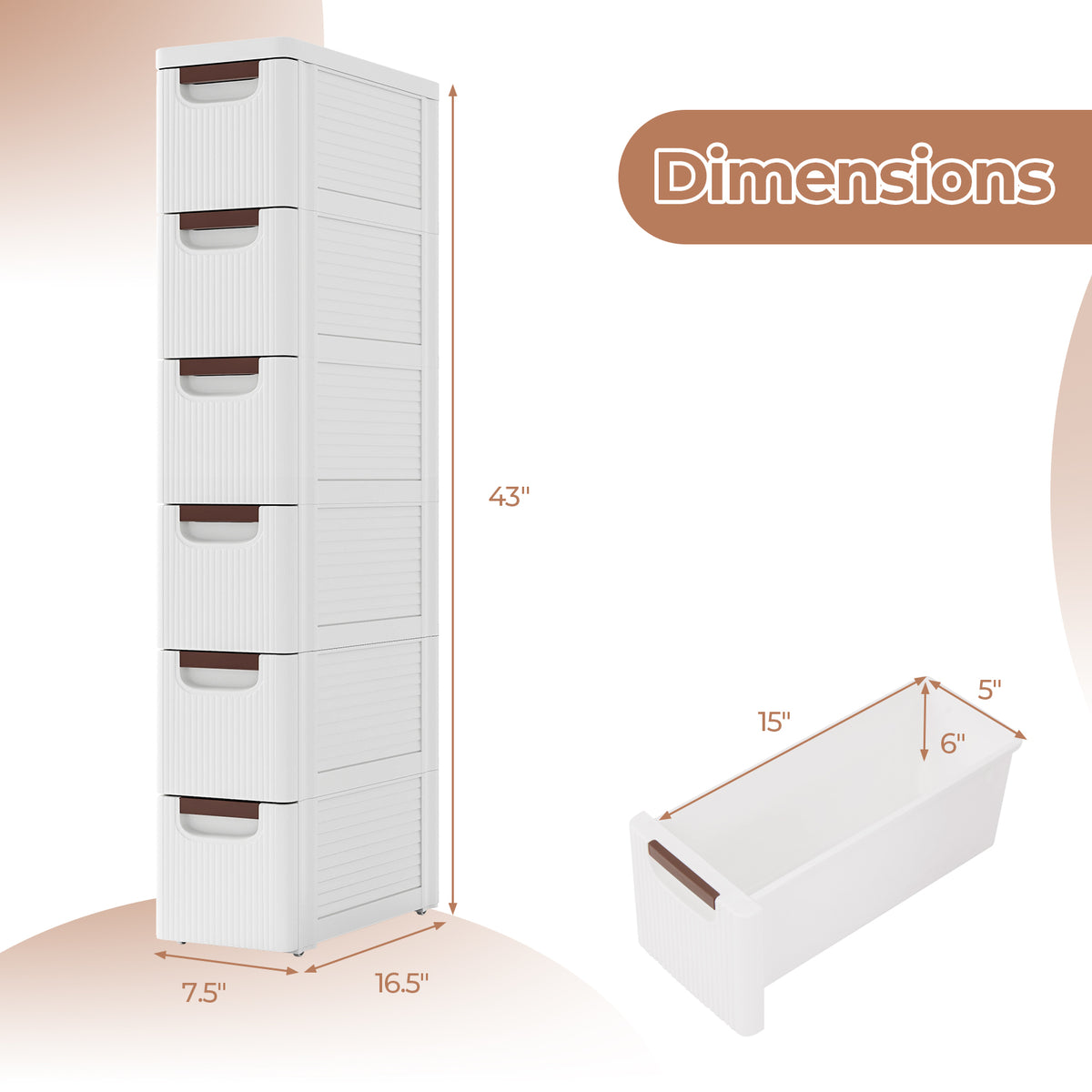 3/4/5/6-Drawer Rolling Organizer Unit Narrow Storage Cabinet with Built-In Wheels for Small Space-3