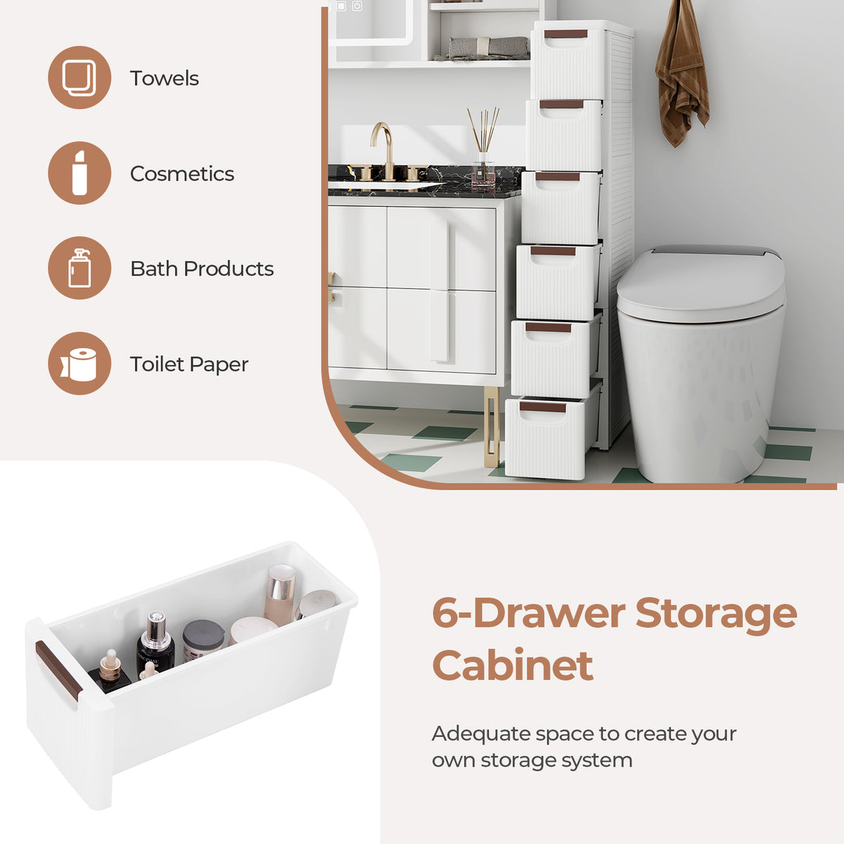 3/4/5/6-Drawer Rolling Organizer Unit Narrow Storage Cabinet with Built-In Wheels for Small Space-3