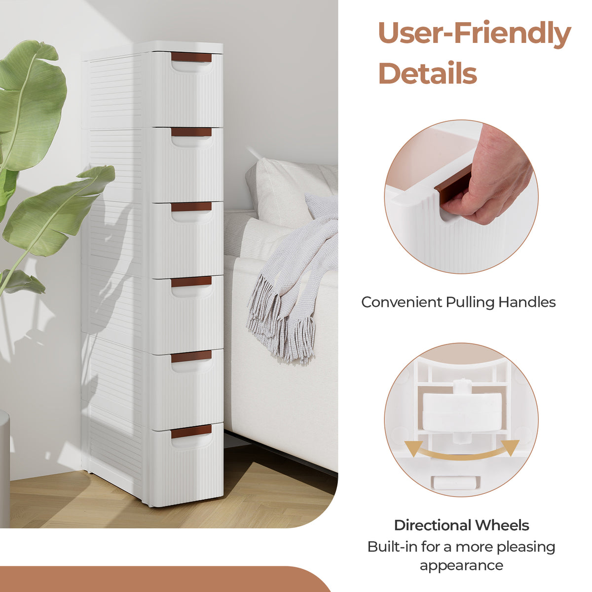 3/4/5/6-Drawer Rolling Organizer Unit Narrow Storage Cabinet with Built-In Wheels for Small Space-3
