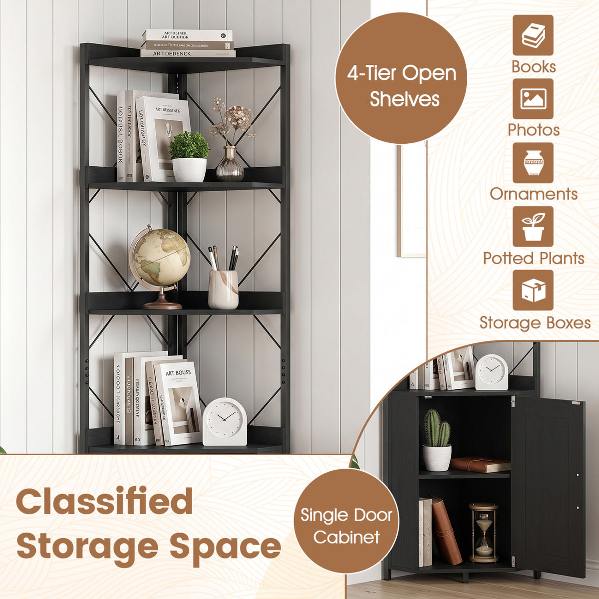 6-Tier 71" Tall Freestanding Bookshelf with Cabinet and Metal Frame-Black