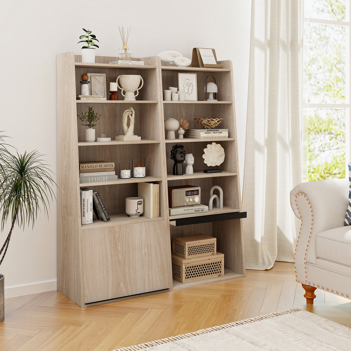 6-Tier Bookcase Freestanding Ladder Bookshelf with 2 Adjustable Shelves and Flip Up Door-Natural