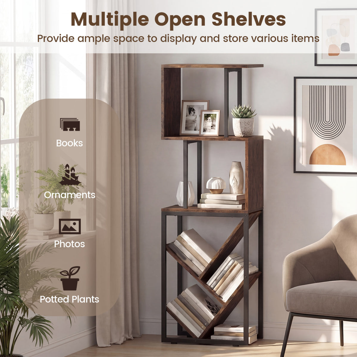 6-Tier Bookshelf Floor Standing Tree S-Shaped Geometric Bookcase with Open Shelves-Brown