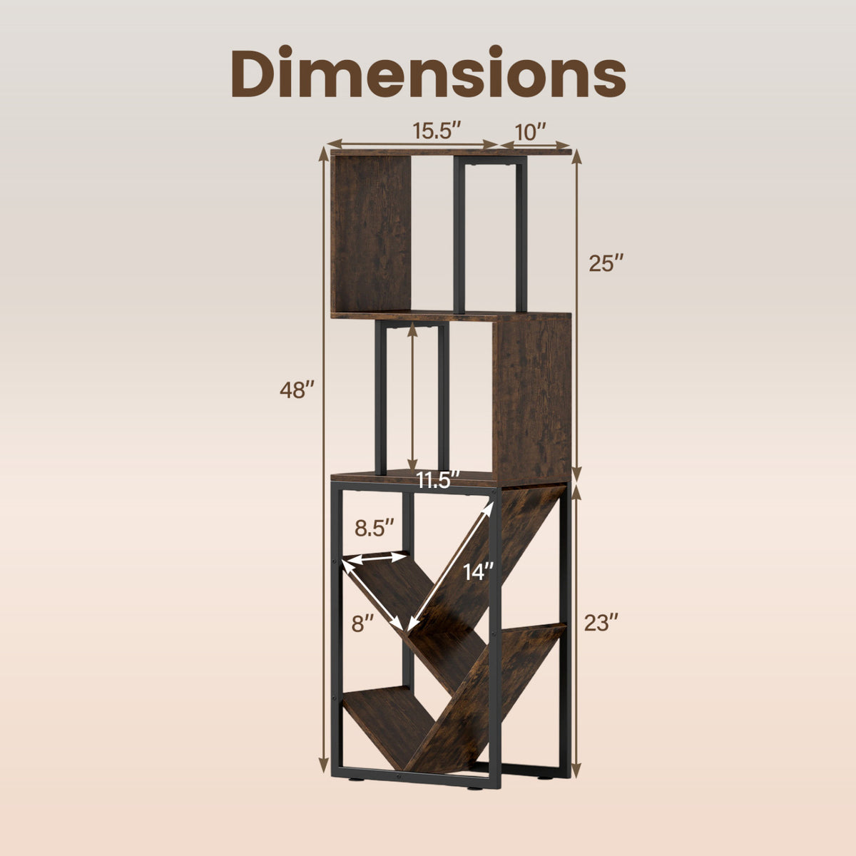 6-Tier Bookshelf Floor Standing Tree S-Shaped Geometric Bookcase with Open Shelves-Brown