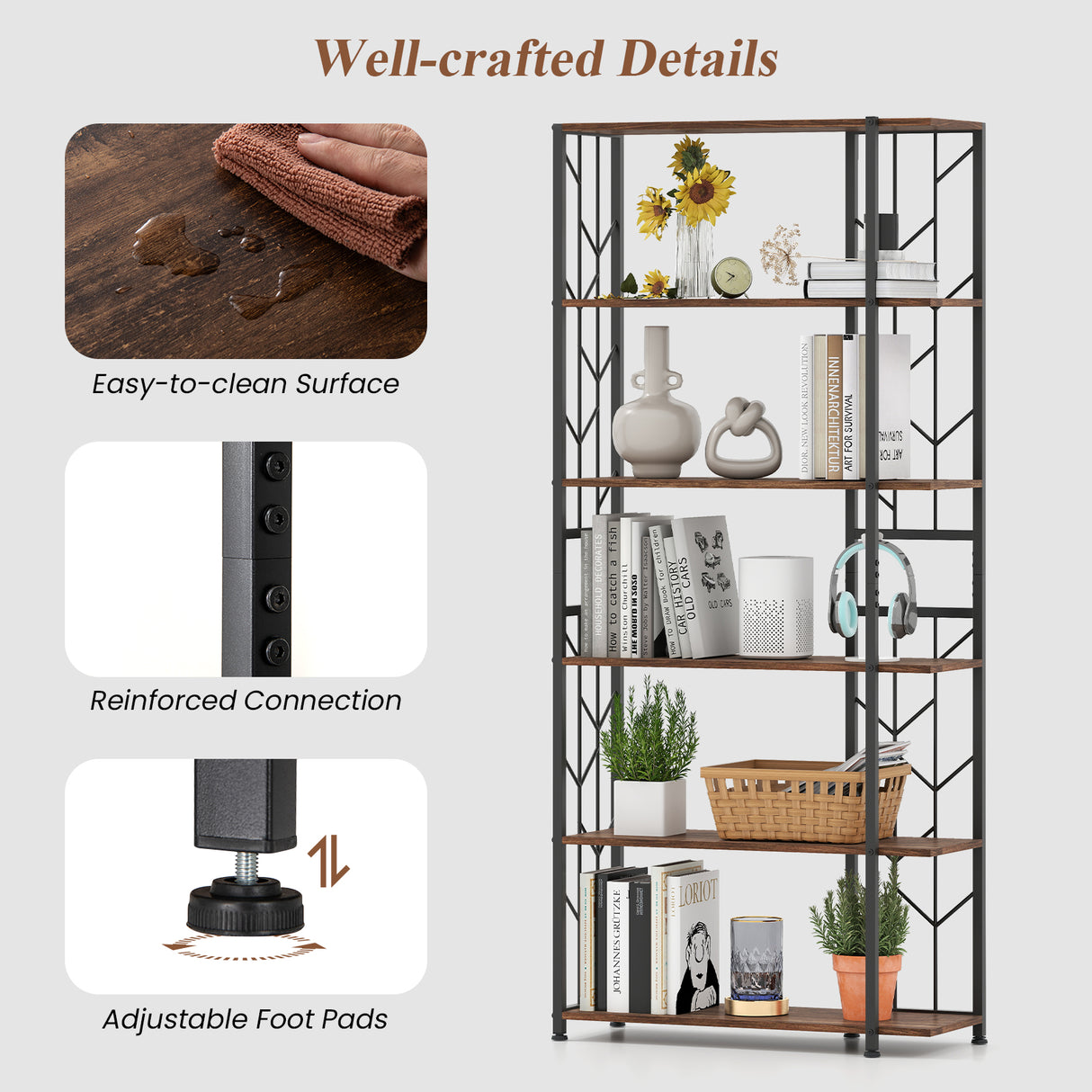 6-Tier Bookshelf Modern Geometric Bookcase with Heavy-duty Metal Frame and Anti-tipping Kits