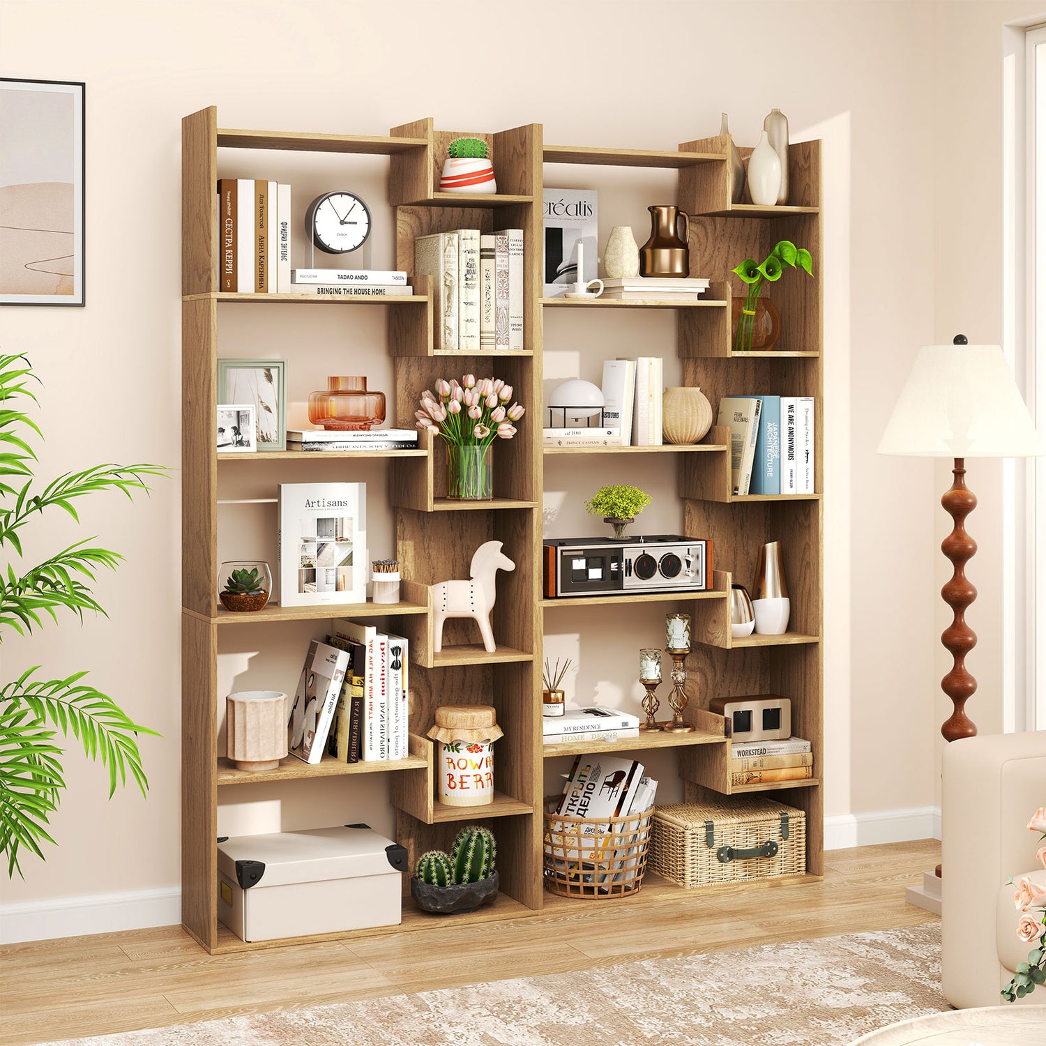 6-Tier Bookshelf Wooden Bookcase with 2 Anti-Tipping Kits Open Display Shelf